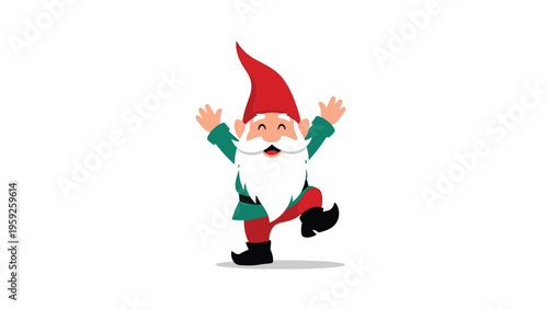 Cheerful garden gnome character with a long white beard and a red hat dancing happily to celebrate a festive outdoor occasion.