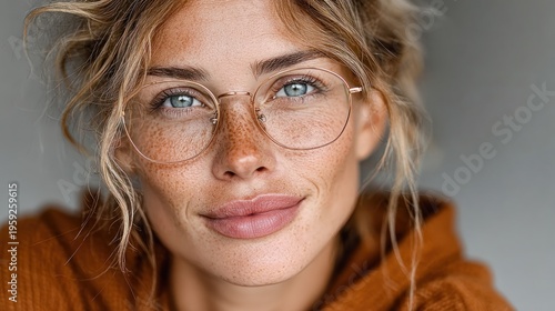 Close-up Portrait of a Young Woman with Freckles Wearing Glasses and a Cozy Sweater
