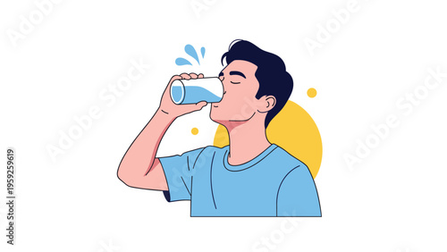 Healthy young man drinking a refreshing glass of water to stay hydrated while standing against a simple white background.