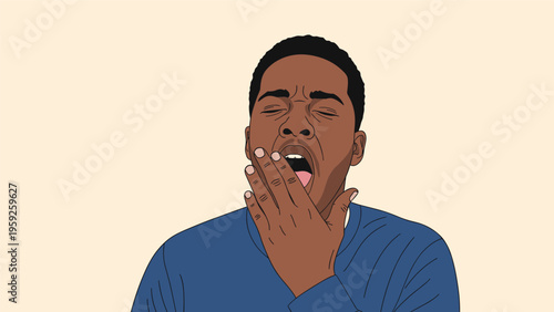 Tired man wearing a blue sweater and yawning with his hand over his mouth to show exhaustion or boredom in a plain setting.