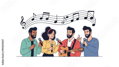Group of diverse friends singing together with microphones and an acoustic guitar to enjoy a fun karaoke night at home.