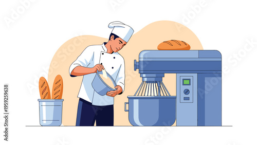 Skilled male baker in a white uniform using a large industrial mixer to prepare fresh dough for baking bread in a kitchen.