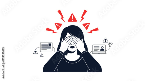 Stressed woman covering her eyes with her hands while surrounded by red warning icons to represent anxiety or information overload.