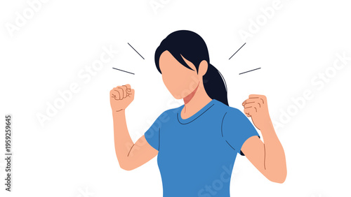 Strong young woman in a blue t-shirt raising her clenched fists to celebrate a personal victory or show her inner strength.