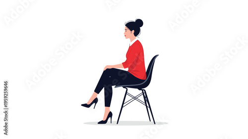 Professional woman in a red shirt and black pants sitting elegantly on a chair with her legs crossed in a formal studio pose.