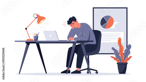 Stressed businessman sitting at a desk and resting his head on his hand while feeling overwhelmed by work and financial charts.