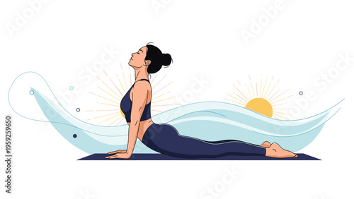 Flexible woman practicing the cobra pose during a yoga session on a mat with an abstract sun and wave design in the background.