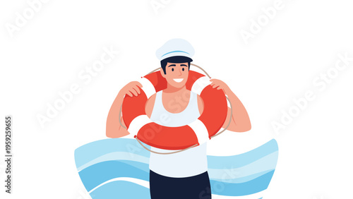 Brave lifeguard wearing a white hat and holding a red lifebuoy ring while standing in front of blue ocean waves at the beach.