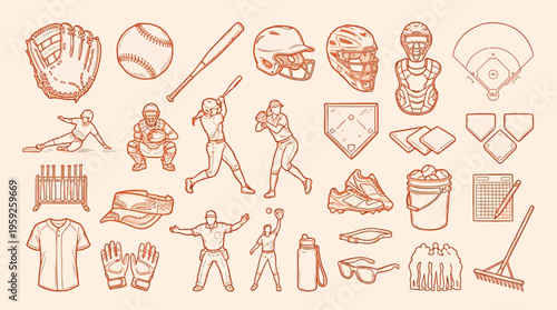 A comprehensive collection of hand-drawn illustrations depicting various baseball and softball equipment and action shots, presented in a warm, sepia-toned palette.
