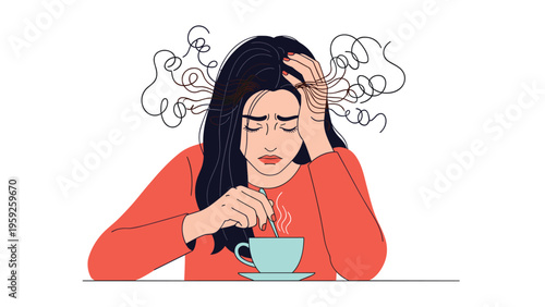 Overworked woman with messy hair stirring her cup of coffee while feeling exhausted and stressed during a busy morning.