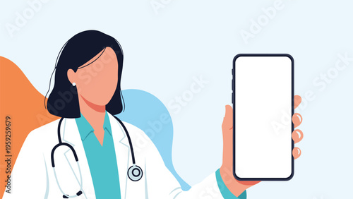 Professional female doctor in a white lab coat holding a large smartphone with a blank white screen for medical app display.