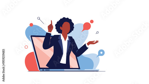 Professional businesswoman appearing through a laptop screen to give a virtual presentation during an online conference call.