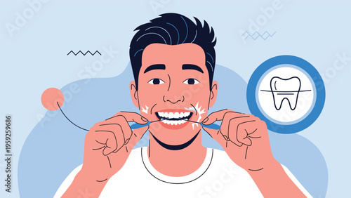Smiling young man using dental floss to clean his teeth and maintain good oral hygiene while standing on a blue background.