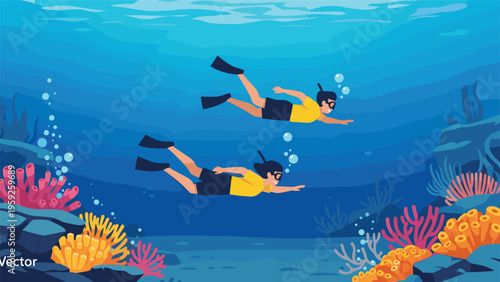 Enthusiastic divers exploring the beautiful underwater world and vibrant coral reefs in the deep blue ocean together.