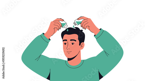 Young man taking care of his hair by applying medical treatment or tonic from small bottles to prevent hair loss.