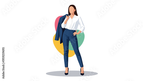 Professional woman posing in a smart casual outfit while carrying her navy blue blazer over one shoulder with confidence.