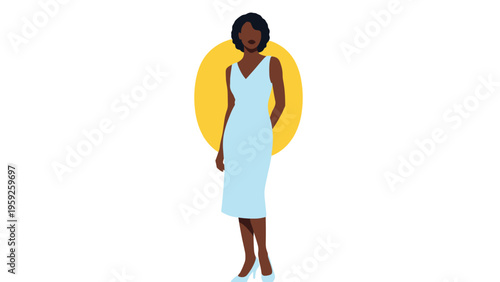Elegant African American woman posing confidently in a stylish light blue sleeveless dress against a simple background.