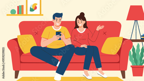 Happy young couple sitting together on a red sofa while looking at a smartphone and having a fun conversation.