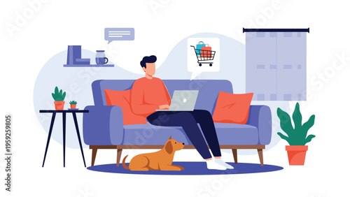 Man sitting on a couch with his dog and shopping online using a laptop in a comfortable living room setting.