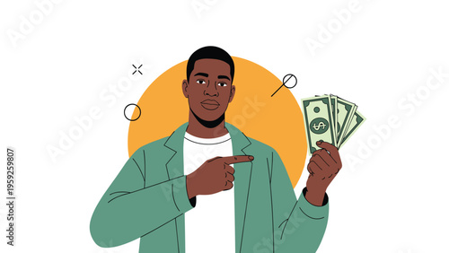 Confident African American man in a stylish green jacket pointing towards the cash he is holding in his hand.