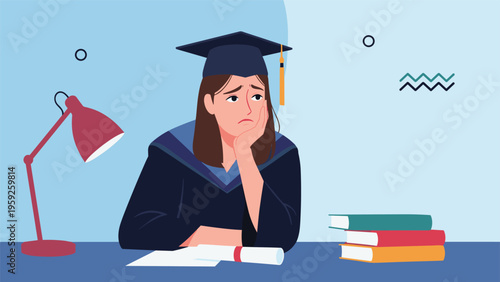 Young female graduate in a cap and gown looking sad and worried about her future career after finishing university.