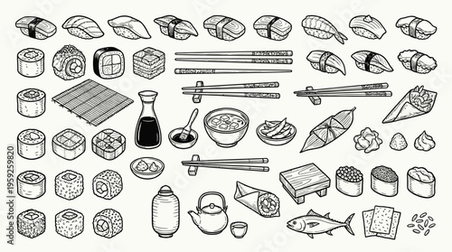 A comprehensive collection of hand-drawn illustrations depicting various sushi dishes, ingredients, and dining accessories, presented in a monochromatic sketch style.