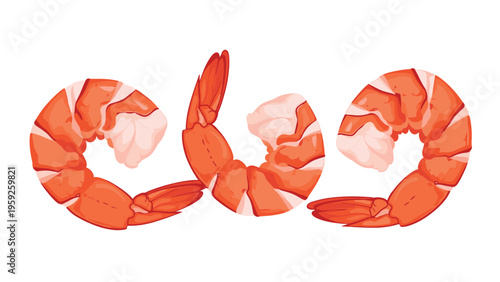 Three fresh cooked and peeled shrimps arranged in a row against a plain white background for food photography.
