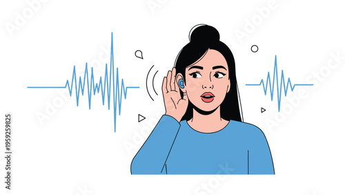 Young woman wearing a modern hearing aid and listening intently while surrounded by abstract sound wave symbols.