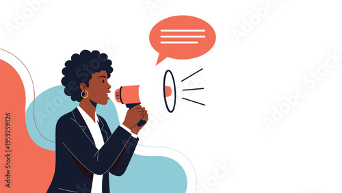 Assertive black businesswoman speaking into a megaphone to announce news or lead a public protest or corporate meeting.