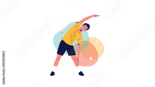 Active young man performing side stretching exercises during his daily morning workout in a bright and minimal space.