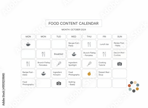 A food content calendar for October 2016 displays various meal types and kitchen utensils on a table indoors.