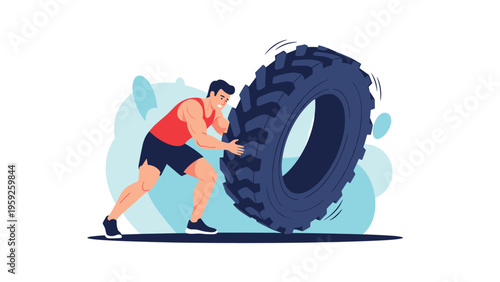 Strong male athlete flipping a heavy industrial tire during a high-intensity crossfit training session in a gym.