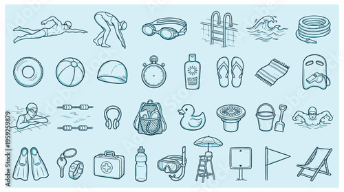A comprehensive collection of hand-drawn icons representing various swimming and water-related activities, equipment, and accessories.
