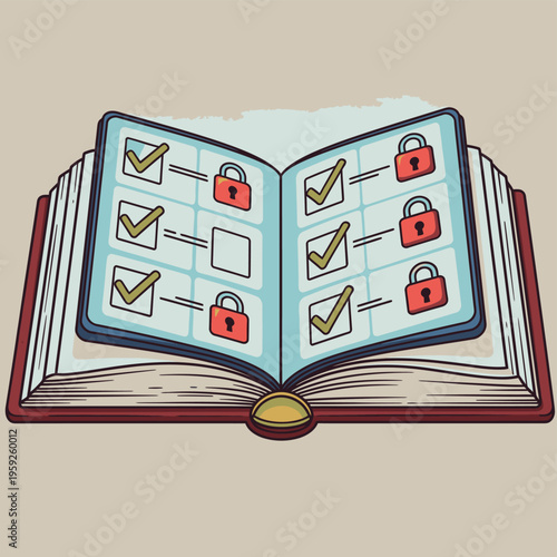 Open book with checklist and locks.