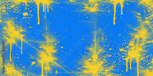 Abstract vibrant artistry in the form of a yellow splatter and drips set against a blue background, perfect for a dynamic modern backdrop. 