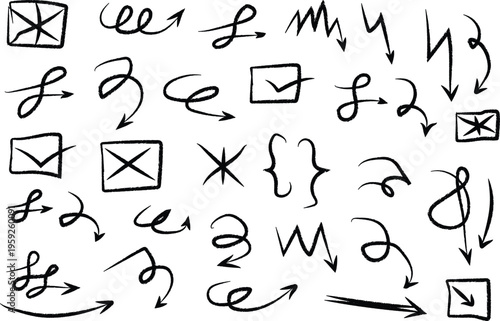 Conceptual hand-drawn graphic elements doodle arrows, checkmarks, envelopes, and curly braces. Perfect for adding expressive, informal touches to creative design