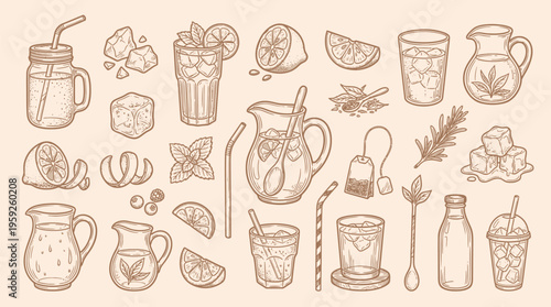 A collection of hand-drawn illustrations depicting various refreshing beverages, including iced teas, lemonades, and infused waters, with accompanying ingredients like lemons, mint, and sugar cubes.