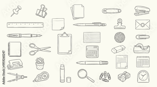 A comprehensive collection of hand-drawn stationery and office supplies, presented in a clean, minimalist line art style on a light beige background.