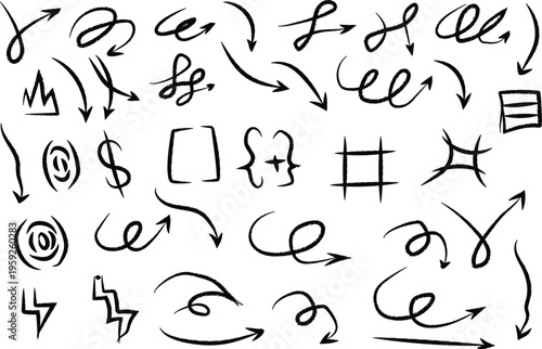 Dynamic collection of hand-drawn scribble arrows, pointers, and various graphic symbols, perfect for adding a quirky, emphasized, or directional touch to designs, presentations, and creative projects
