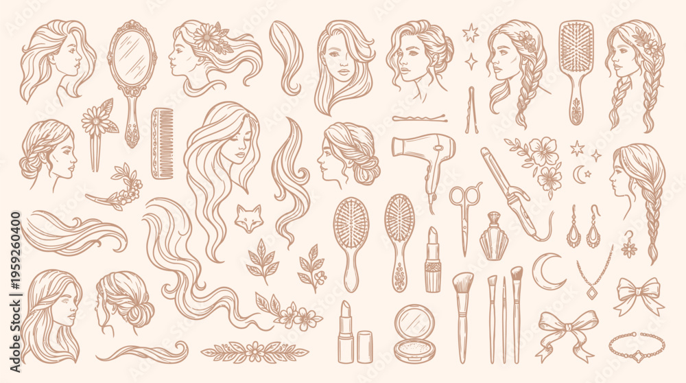 Fototapeta premium An intricate collection of hand-drawn illustrations depicting various hairstyles, beauty tools, and decorative elements, rendered in a vintage sepia tone.