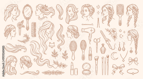 An intricate collection of hand-drawn illustrations depicting various hairstyles, beauty tools, and decorative elements, rendered in a vintage sepia tone.