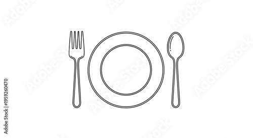 Minimalist black and white illustration of a plate with fork and spoon, representing dining or mealtime.