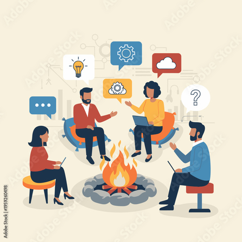 People sitting around a campfire discussing.