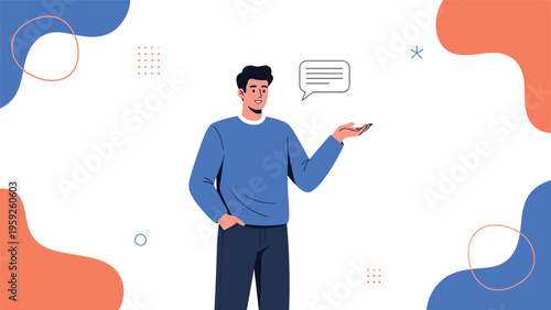 Smiling man in a blue sweater standing with one hand in his pocket and a speech bubble while gesturing to explain information.