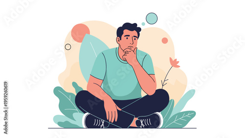 Thoughtful man sitting cross-legged on the floor and holding his chin while reflecting deeply amidst stylized plants and shapes.