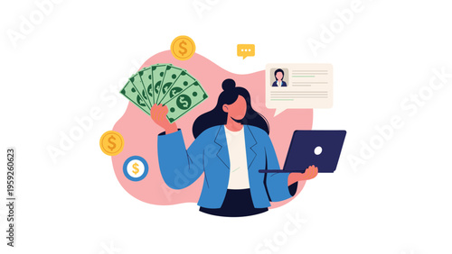 Young woman holding a fan of dollar bills and a laptop to represent online earning, business success, and freelance prosperity.