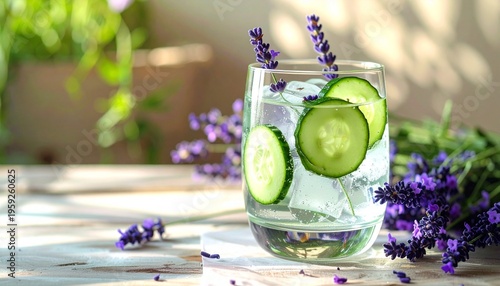 Refreshing Lavender Gin and Tonic Cocktail with Cucumber Slices on a Sunlit Garden Table