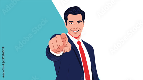 Professional businessman in a navy suit and red tie pointing his finger directly at the camera with a confident and kind smile.