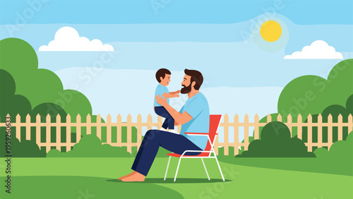 Happy father sitting in a red chair in a backyard garden while lifting his young son in the air to play together on a sunny day.