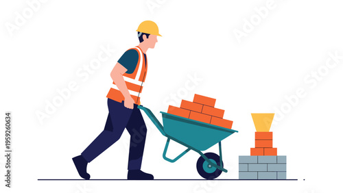 Construction worker wearing orange safety vest and hard hat pushes wheelbarrow full of bricks on professional building site area.